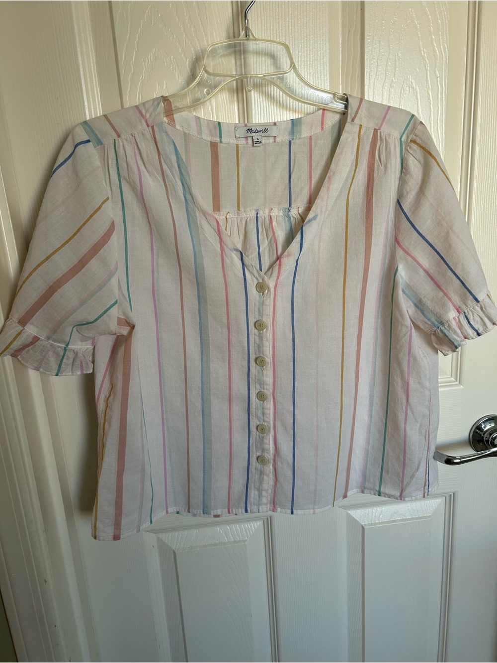 Madewell White Blouse with Pastel Multi-Stripe